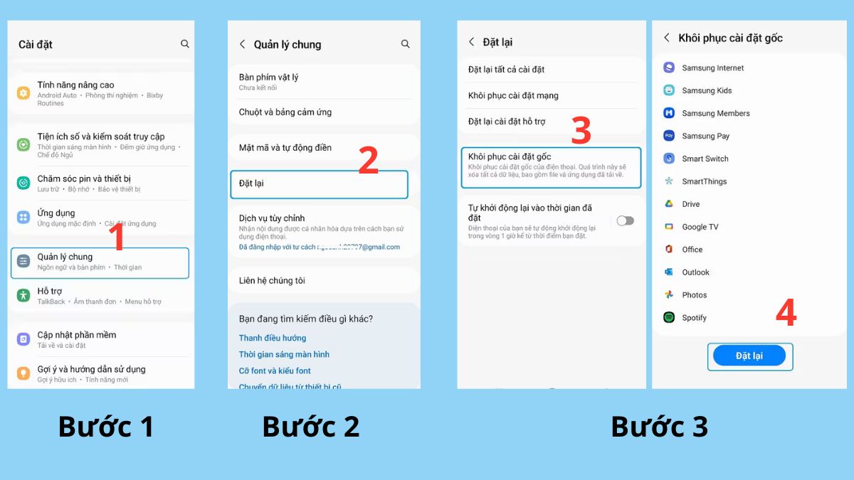 Thao tác Đặt lại để thực hiện cách xóa tất cả dữ liệu trên điện thoại Samsung.