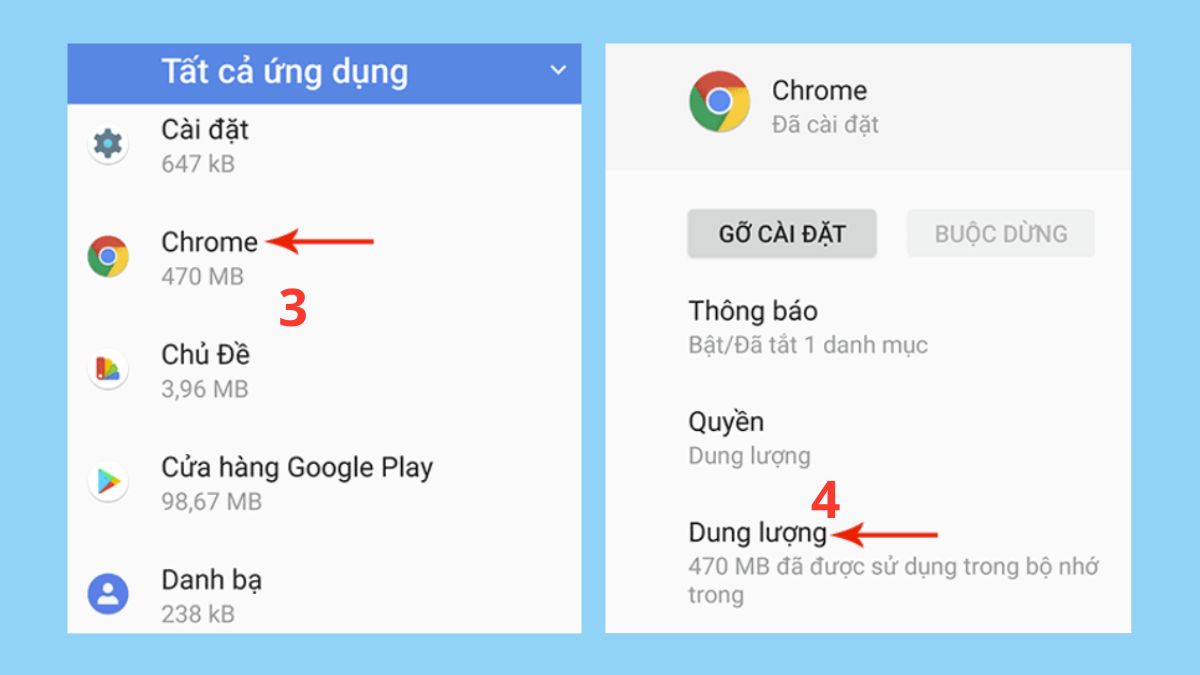 Chọn dung lượng ứng dụng để thực hiện cách xóa dữ liệu hệ thống trên Samsung.