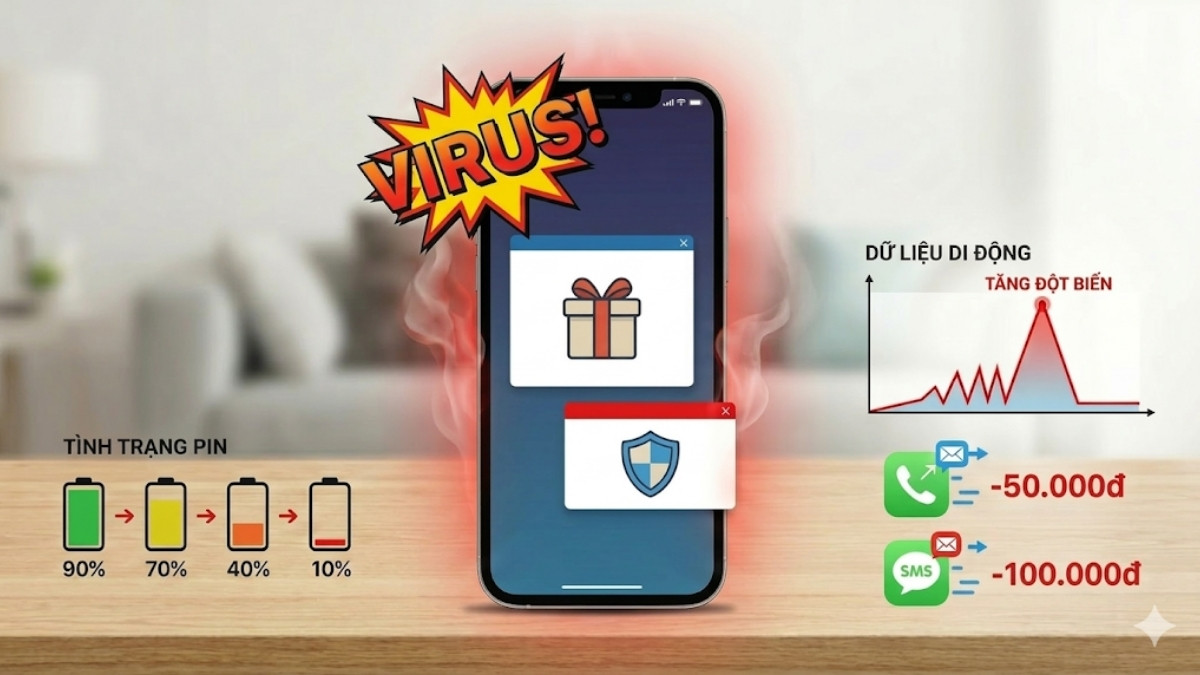 Minh họa các dấu hiệu và cách xử lý khi điện thoại bị nhiễm virus gây hao pin.