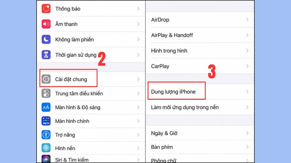 Truy cập Cài đặt chung và Dung lượng iPhone, cách xử lý khi điện thoại bị nhiễm virus.