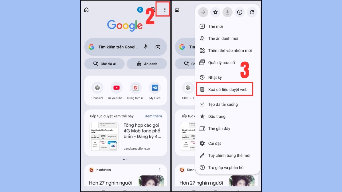 Chọn mục Xóa dữ liệu duyệt web trên Chrome, cách xử lý điện thoại bị nhiễm virus.