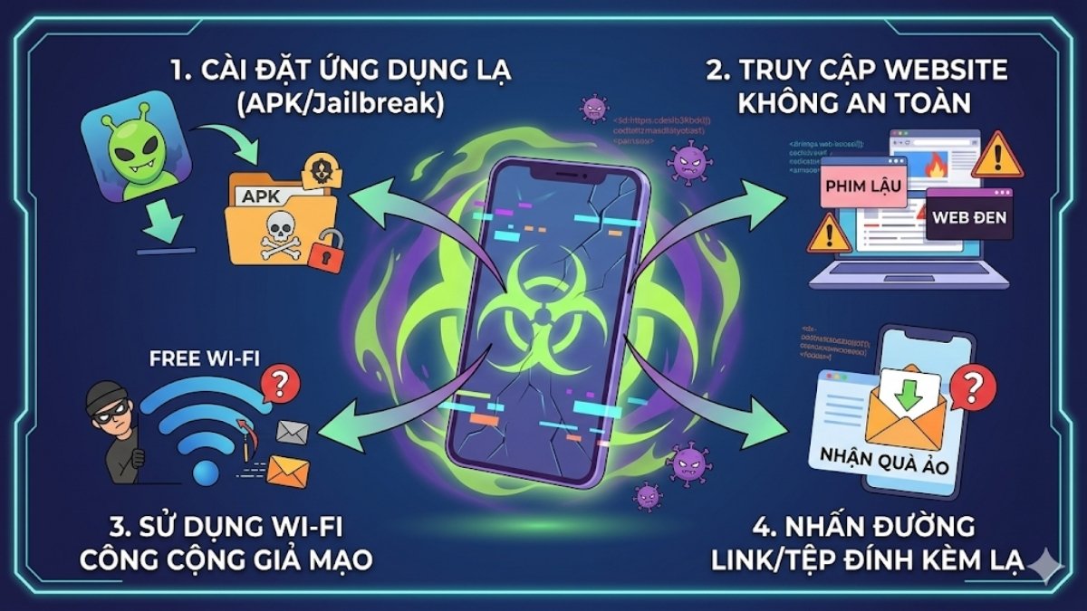 Đồ họa tổng hợp các nguyên nhân và cách xử lý khi điện thoại bị nhiễm virus phổ biến.
