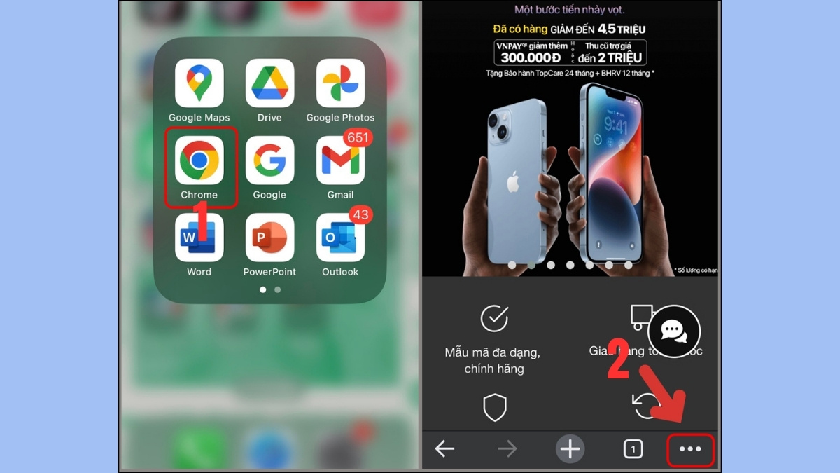 Mở menu cài đặt Chrome trên iPhone, bước đầu cách xử lý khi điện thoại bị nhiễm virus.