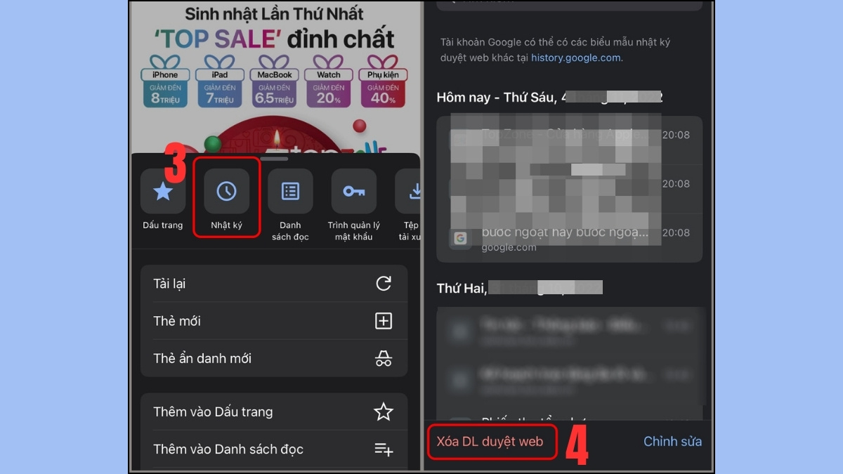 Truy cập Nhật ký và Xóa dữ liệu duyệt web, cách xử lý khi điện thoại bị nhiễm virus.