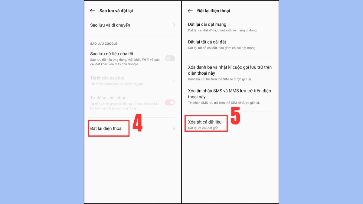 Chọn Xóa tất cả dữ liệu, điện thoại bị nhiễm virus cách khắc phục triệt để nhất.