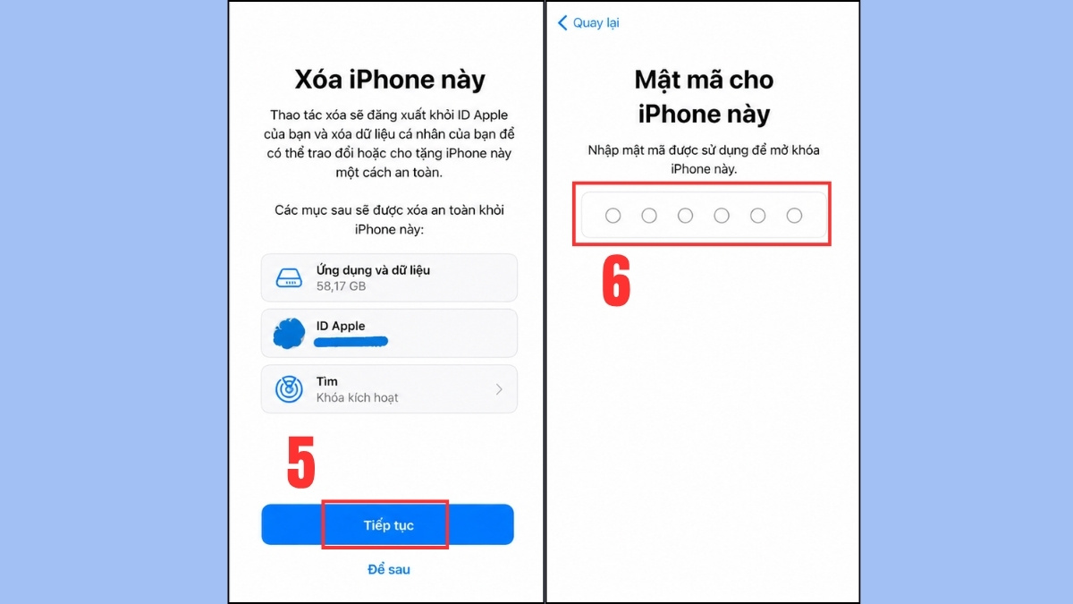 Xác nhận xóa iPhone và nhập mật mã, cách xử lý điện thoại bị nhiễm virus an toàn.