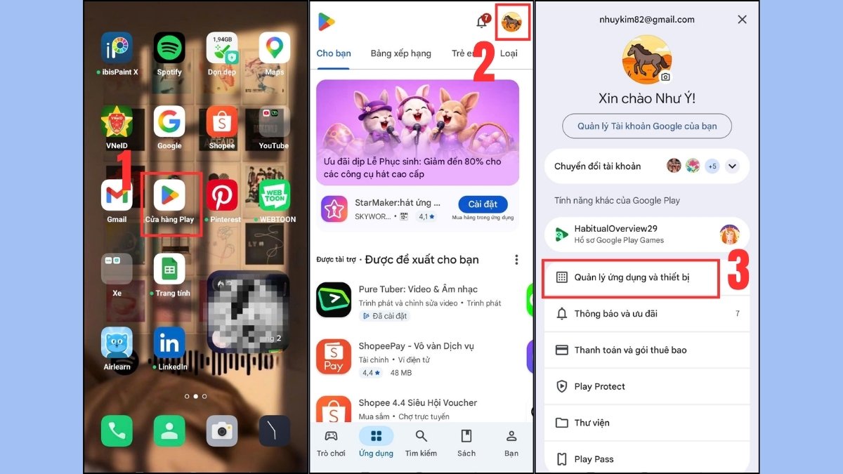 Mở mục quản lý ứng dụng trên CH Play, cách xử lý khi điện thoại bị nhiễm mã độc.