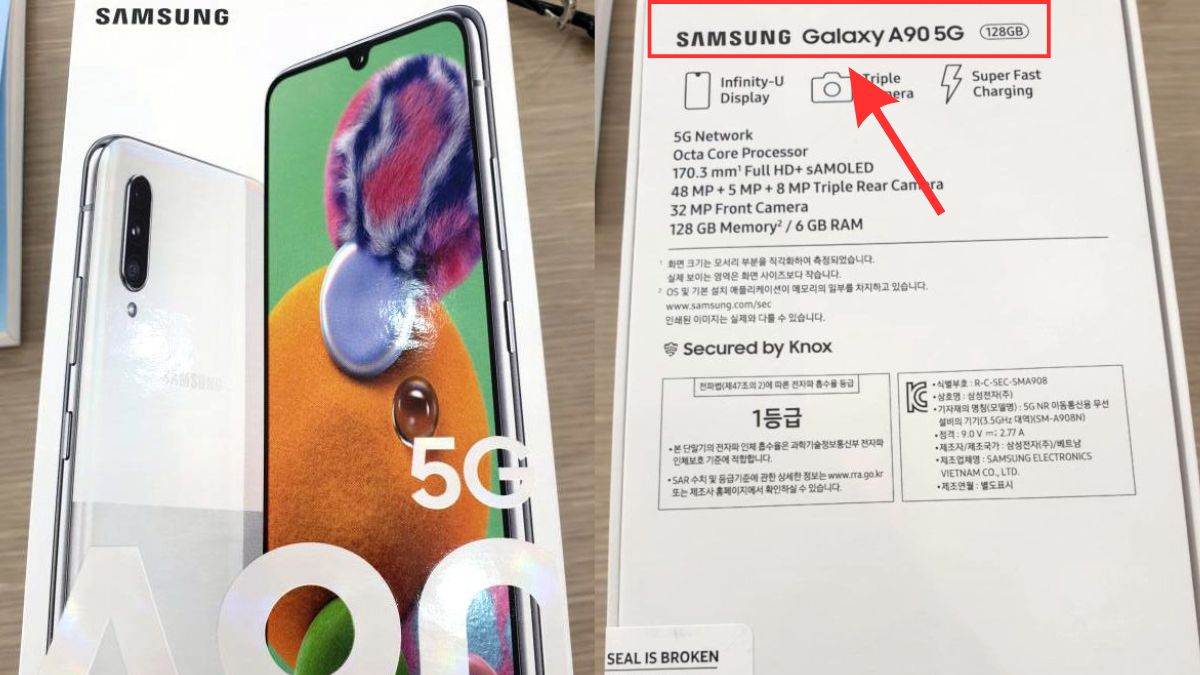 Cách xem tên máy điện thoại samsung thông qua thông tin in trên hộp đựng sản phẩm.