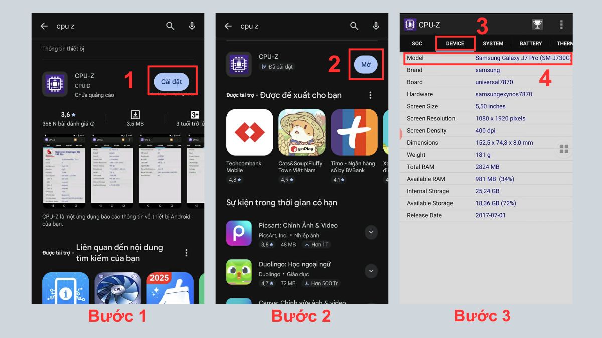 Hướng dẫn cách kiểm tra tên điện thoại samsung chi tiết bằng ứng dụng CPU-Z trên máy.