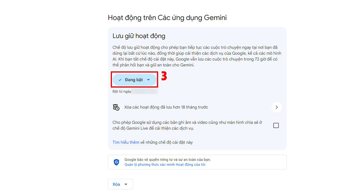 Chỉnh trạng thái Lưu giữ hoạt động trong cách xóa lịch sử gemini.
