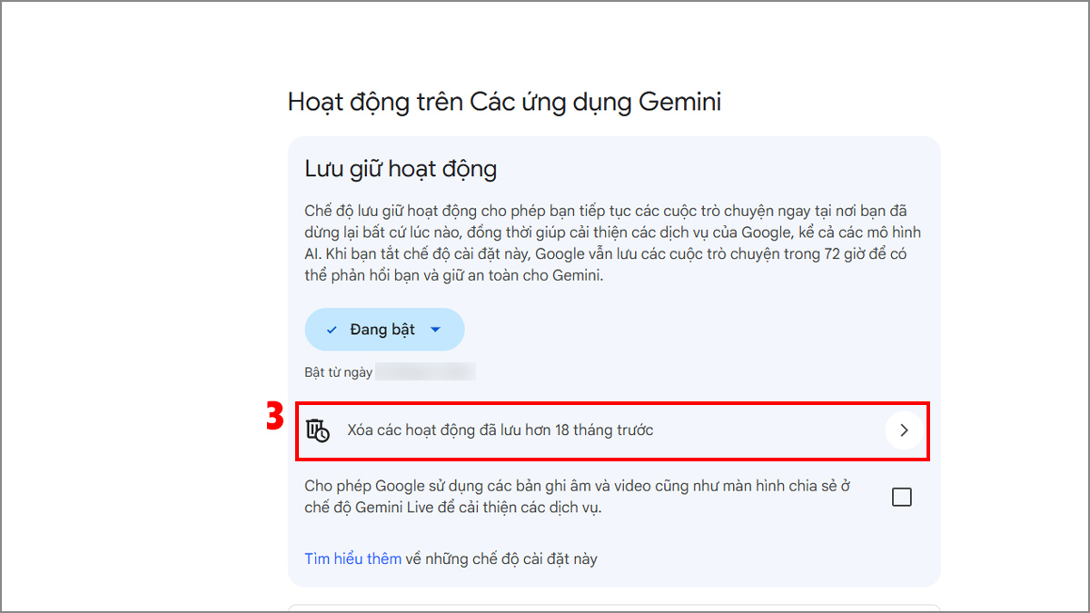 Chọn thời gian tự động dọn dẹp theo cách xóa lịch sử gemini.