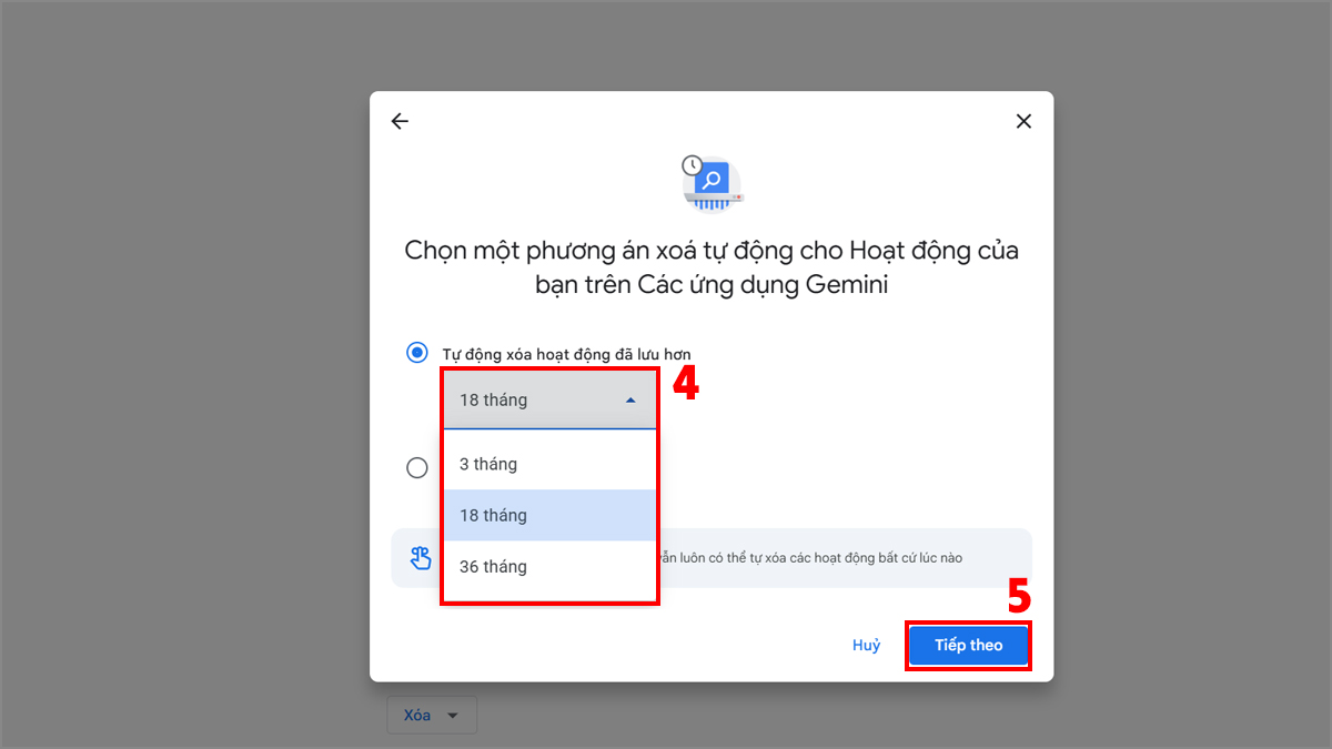 Thiết lập mốc thời gian tự động xóa khi áp dụng cách xóa lịch sử gemini.