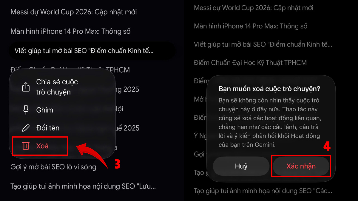 Chọn Xoá và Xác nhận thực hiện cách xóa lịch sử gemini trên điện thoại.
