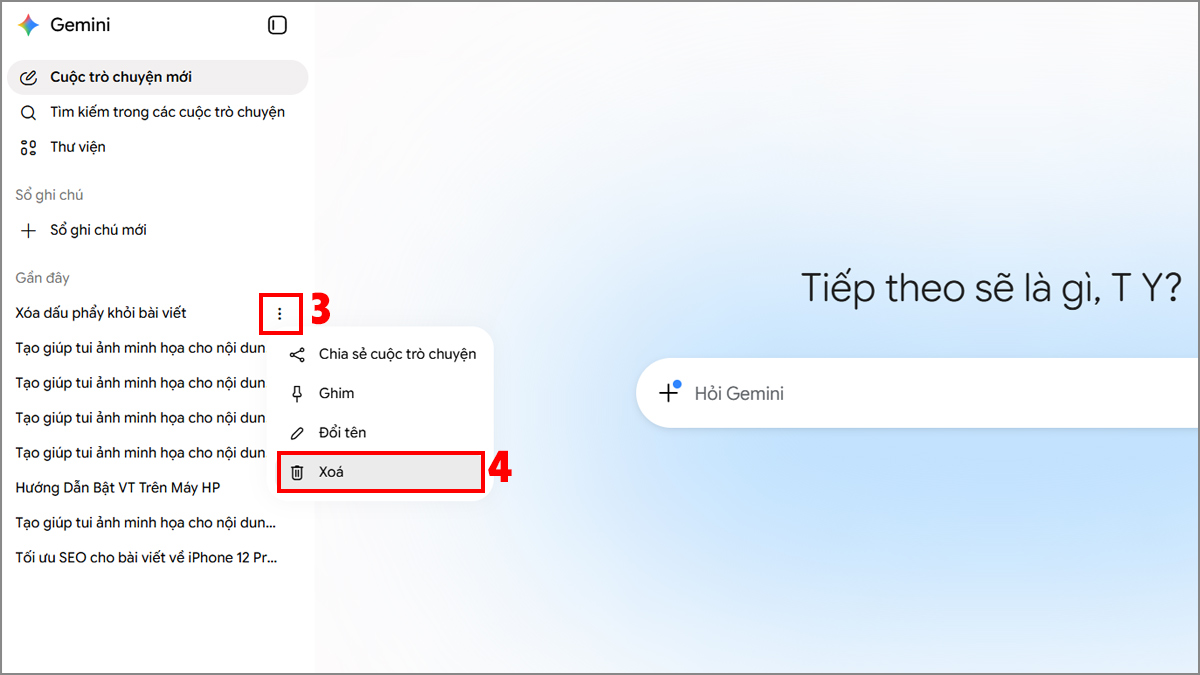 Bấm menu ba chấm chọn Xoá giúp thực hiện cách xoá lịch sử chat gemini.