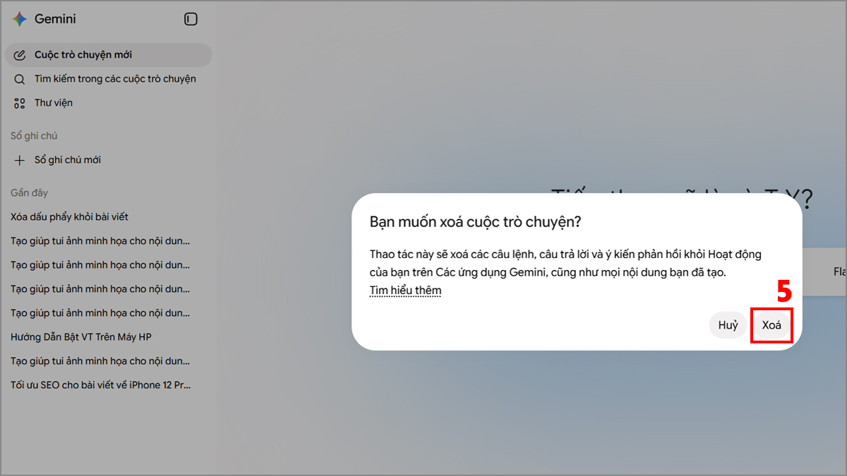 Xác nhận Xoá cuộc trò chuyện hoàn tất cách xóa lịch sử gemini.