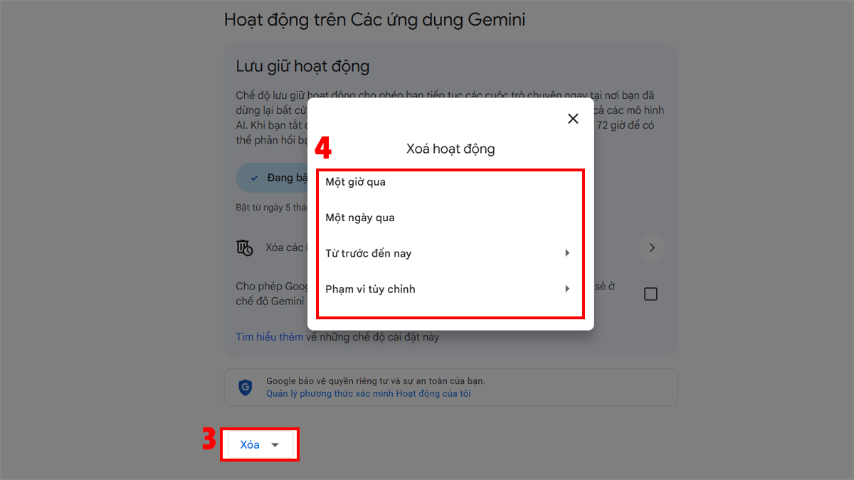 Tùy chọn phạm vi thời gian dọn dẹp theo cách xóa lịch sử gemini.