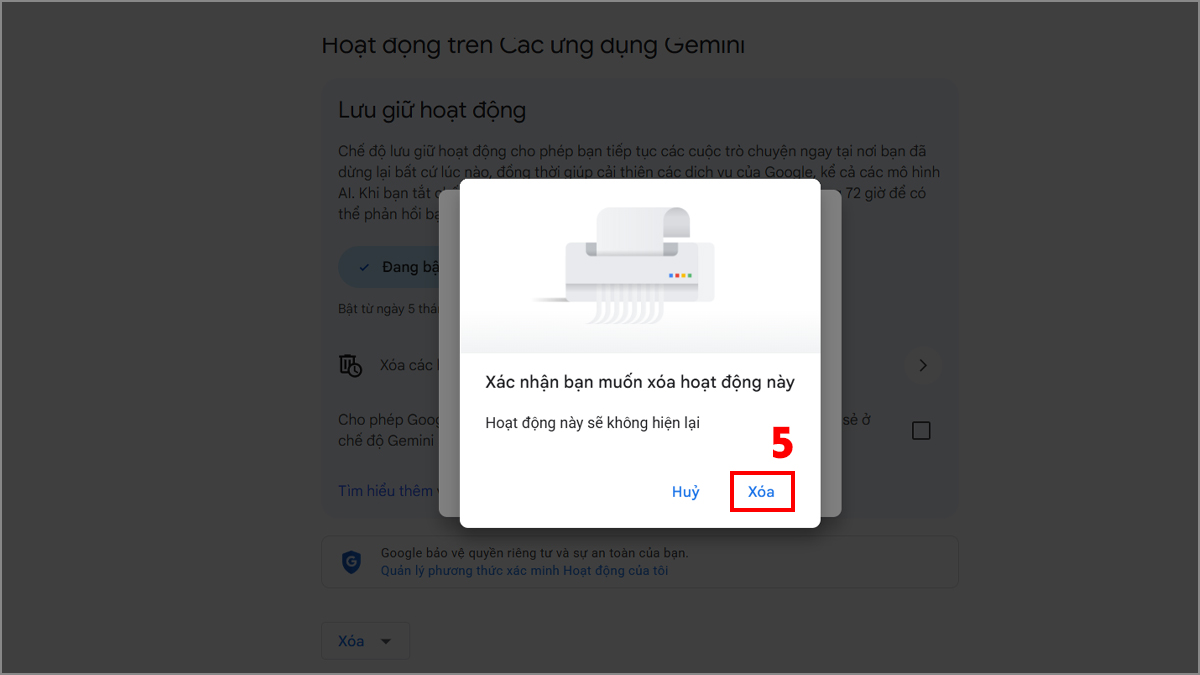 Xác nhận xóa hoạt động dọn dẹp dữ liệu qua cách xóa lịch sử gemini.