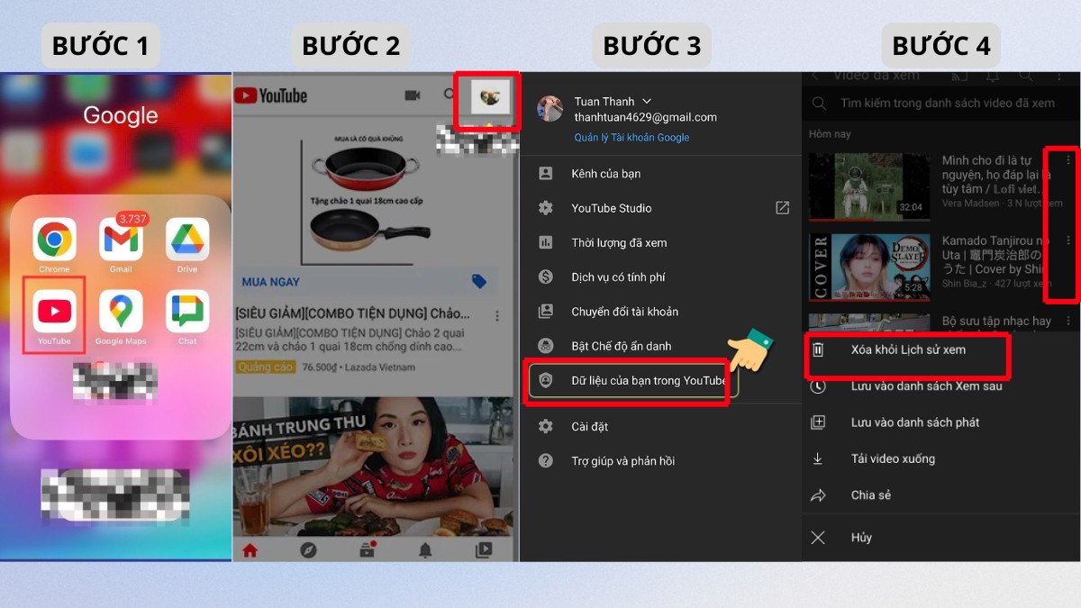 Các bước thực hiện cách xoá lịch sử tìm kiếm youtube trên iphone.