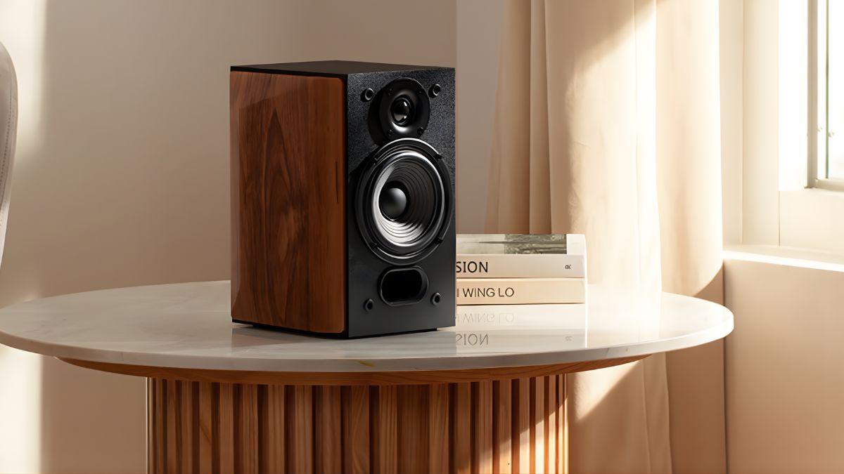 Loa bookshelf hiện đại minh họa cấu tạo cơ bản của loa thùng đặt trên bàn.