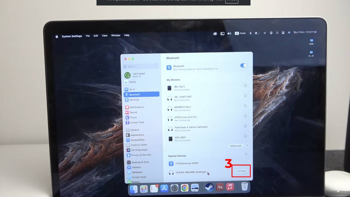 Nhấn Connect để xác nhận kết nối tai nghe edifier với máy tính Macbook thành công.