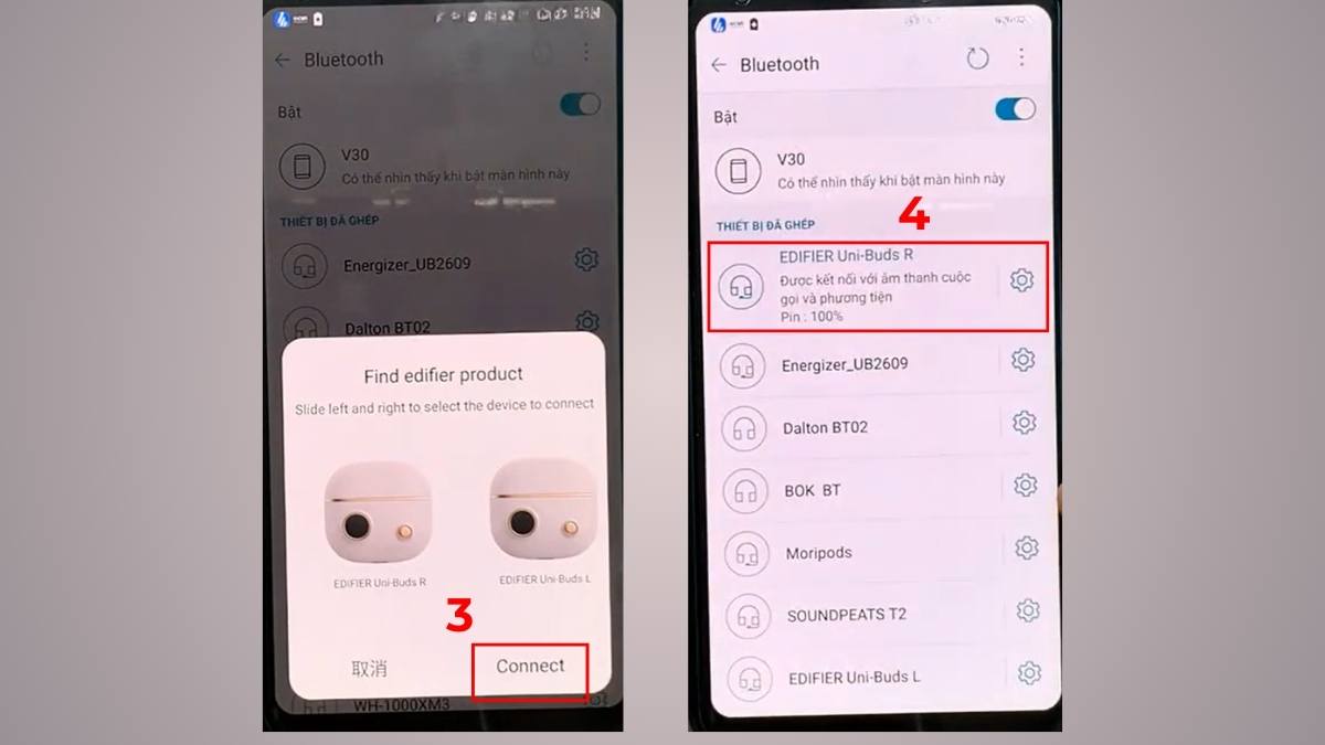 Hoàn tất kết nối tai nghe edifier với điện thoại qua thông báo Connect trên màn hình.
