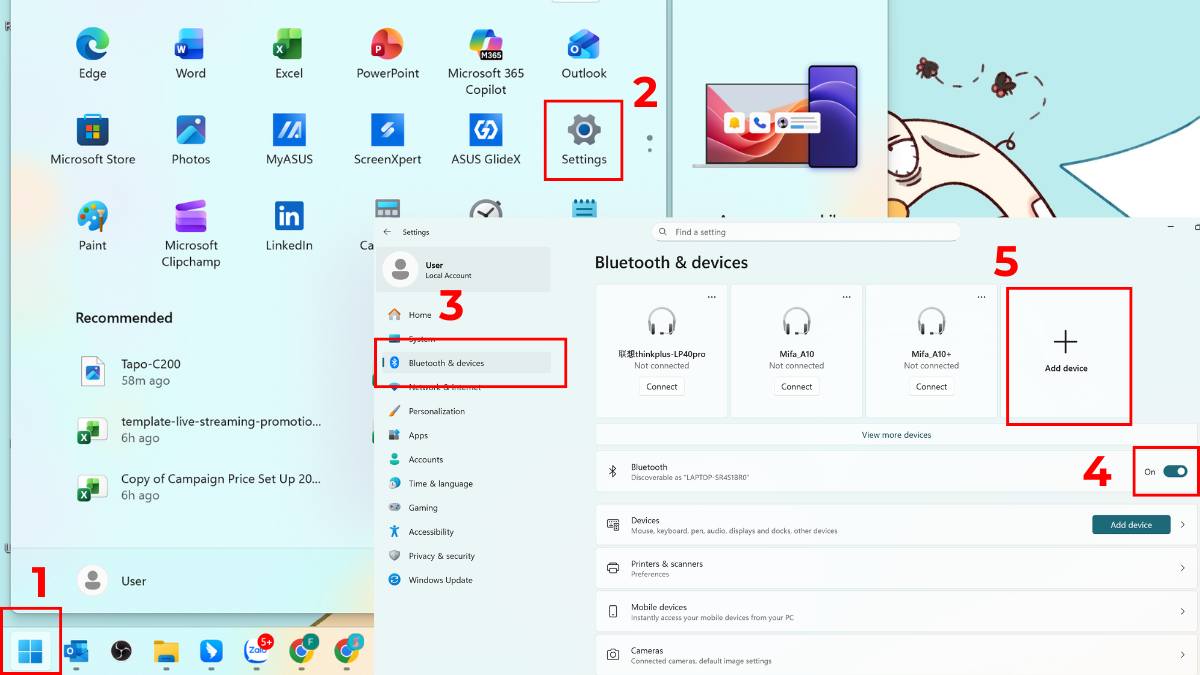 Mở mục Add device trong cài đặt để thực hiện cách kết nối tai nghe edifier.