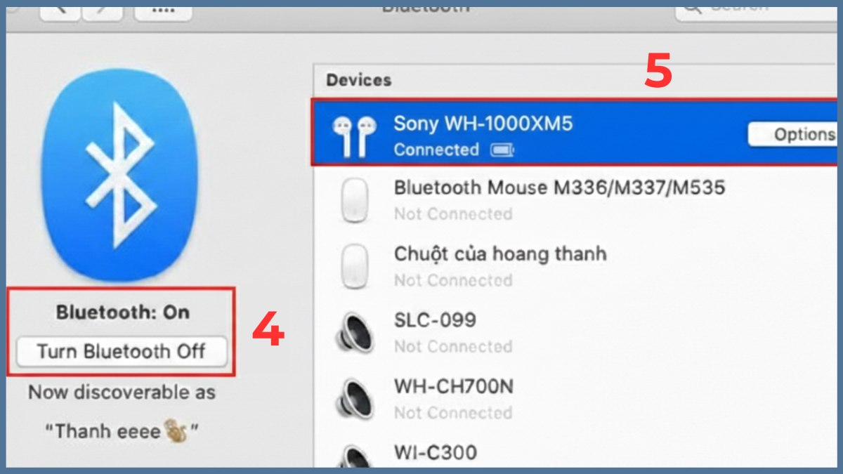 Trạng thái kích hoạt Bluetooth thành công để chuẩn bị kết nối tai nghe sony với Macbook.