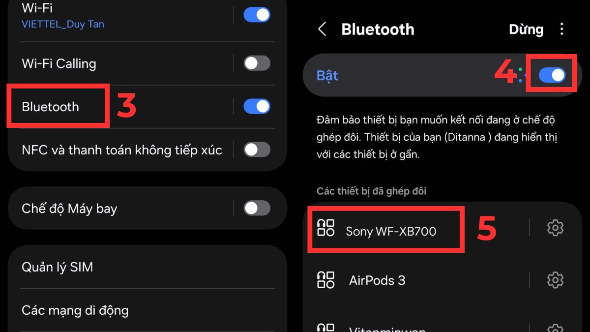 Bật Bluetooth và tìm tên thiết bị để hoàn tất kết nối tai nghe sony với điện thoại.