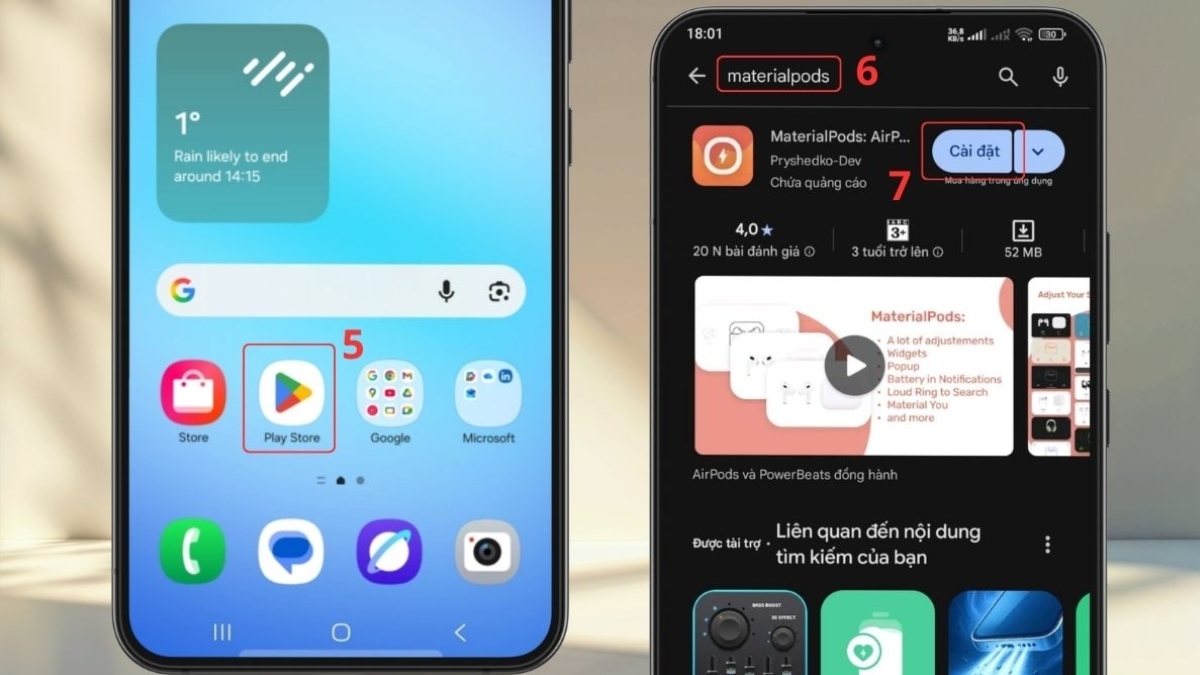 Tải ứng dụng MaterialPods hỗ trợ cách nhận biết tai nghe bluetooth đầy pin cho Android.