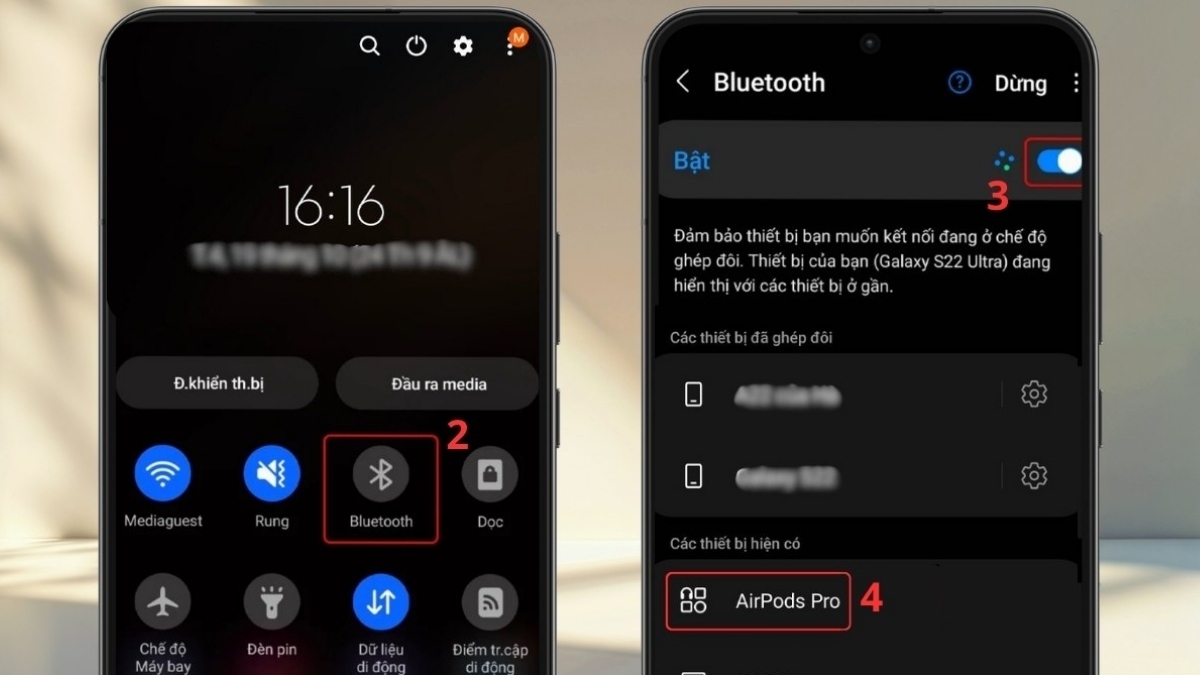Kết nối thiết bị với điện thoại để theo dõi cách nhận biết tai nghe bluetooth đầy pin.