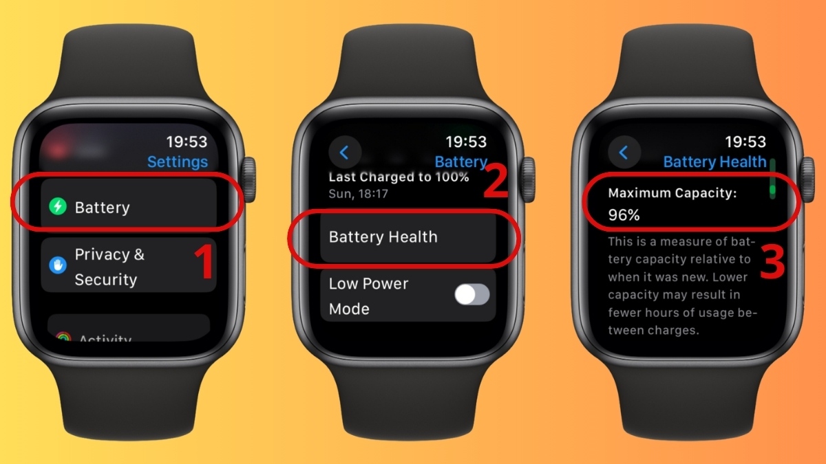 Kiểm tra dung lượng tối đa để biết tại sao apple watch nhanh hết pin.