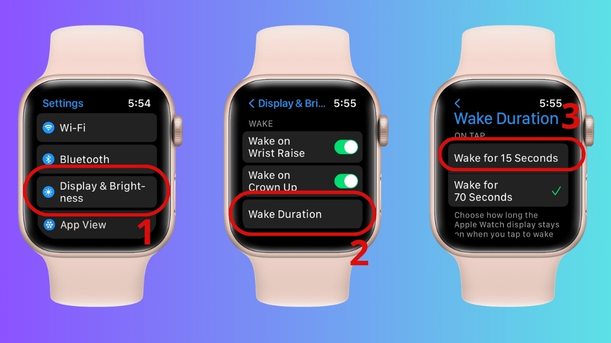 Cách tiết kiệm pin apple watch bằng việc giảm thời gian sáng màn hình nền.