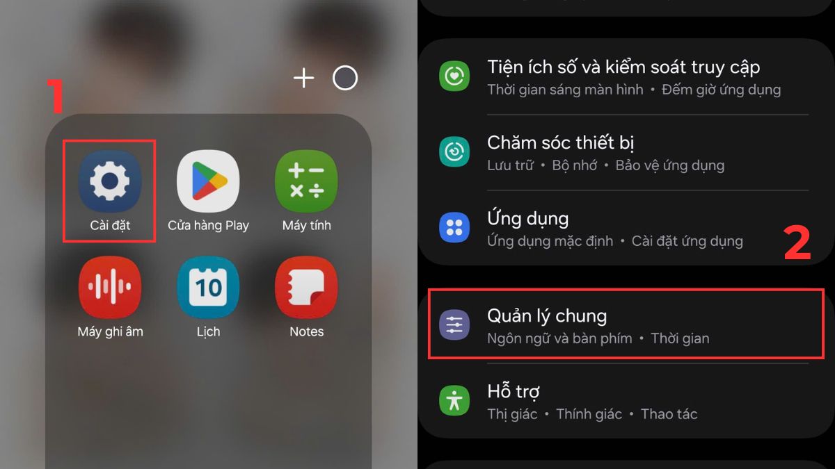 Cách xóa dữ liệu game trên Android bằng cách khôi phục cài đặt gốc, hiển thị màn hình cài đặt với tùy chọn 'Quản lý chung' được đánh dấu