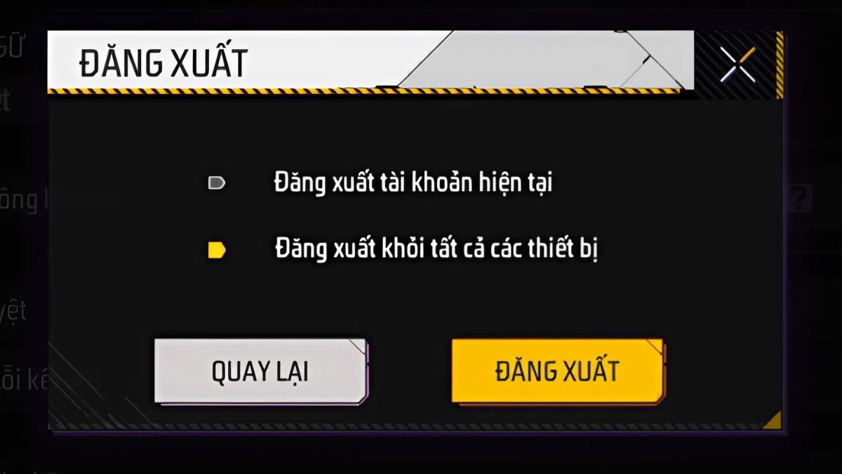 Ảnh chụp màn hình minh họa cách xóa dữ liệu game online bằng cách đăng xuất tài khoản hiện tại để tạo tài khoản mới, hiển thị tùy chọn 'Đăng xuất tài khoản hiện tại'.