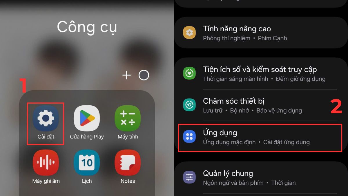 Hướng dẫn cách xóa dữ liệu game trên Android bằng việc truy cập 'Cài đặt' và chọn mục 'Ứng dụng'
