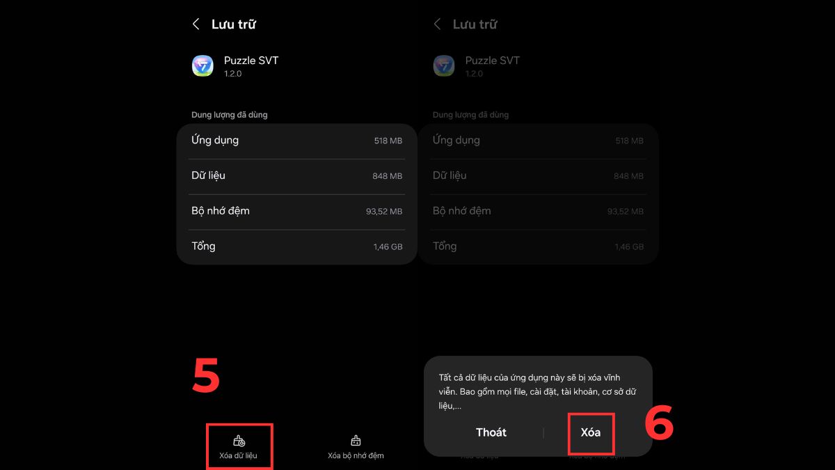 Ảnh minh họa cách xóa dữ liệu game trên Android, tập trung vào việc nhấn 'Xóa dữ liệu' trong mục 'Lưu trữ' để reset game về trạng thái ban đầu.