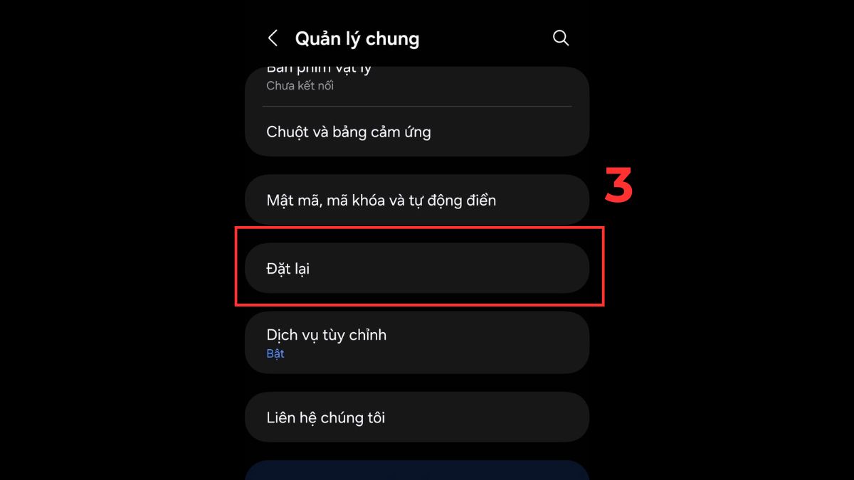 Cách xóa dữ liệu game bằng khôi phục cài đặt gốc, tập trung vào tùy chọn 'Đặt lại' trong phần 'Quản lý chung'