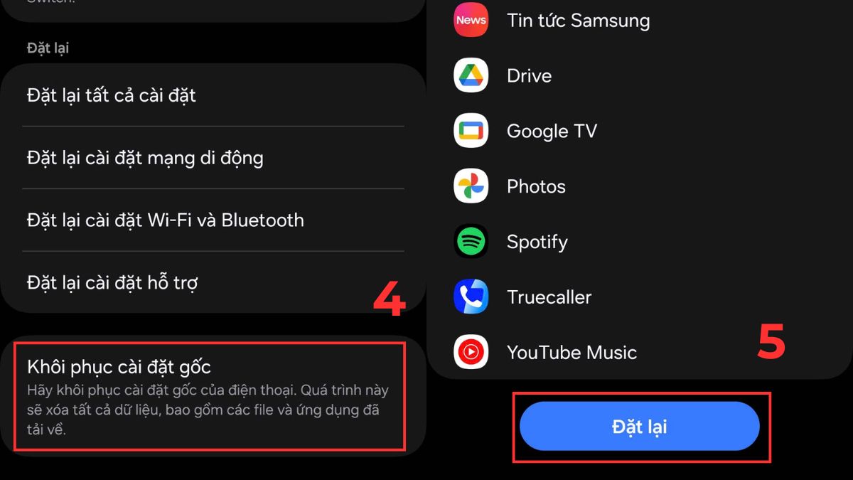 Hướng dẫn cách xóa dữ liệu game chơi lại từ đầu trên Android bằng cách chọn 'Khôi phục cài đặt gốc' và nhấn 'Đặt lại' để reset điện thoại