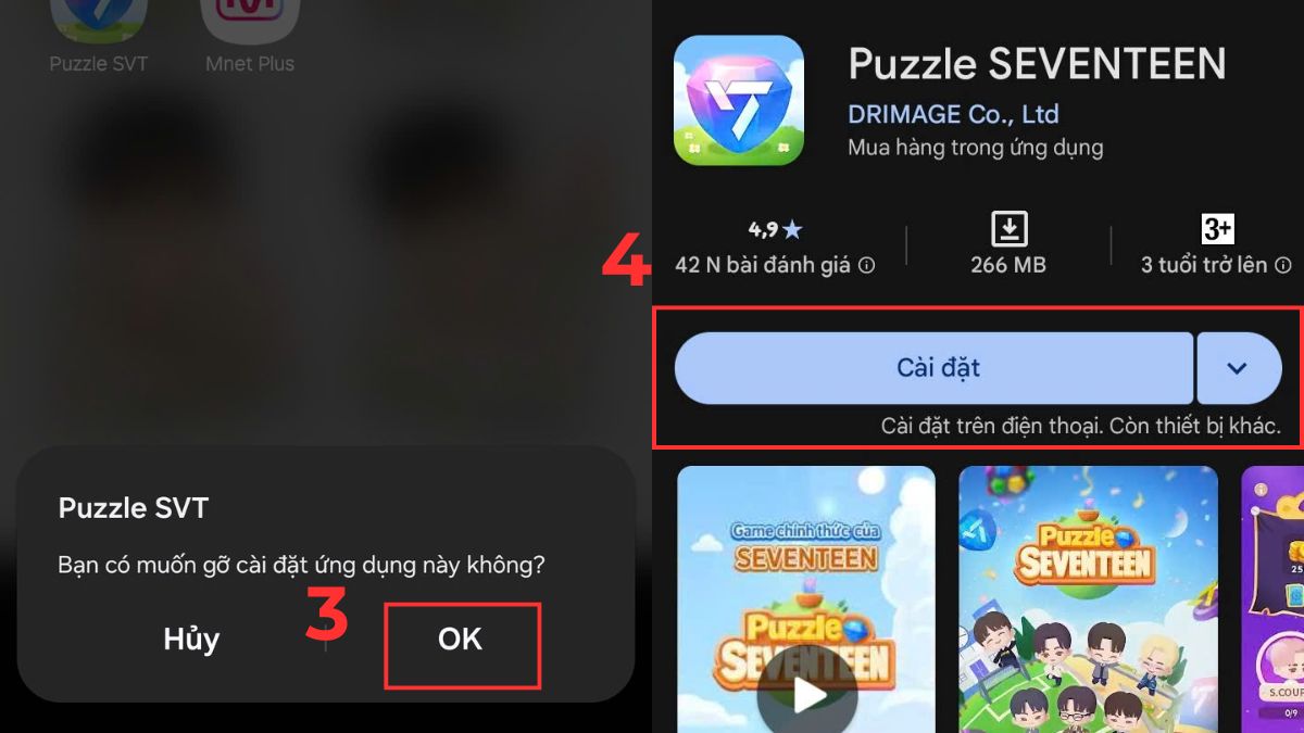 Cách xóa dữ liệu game trên Google Play, hiển thị màn hình Google Play Store với tùy chọn 'Cài đặt' để tải lại game 'Puzzle SEVENTEEN'