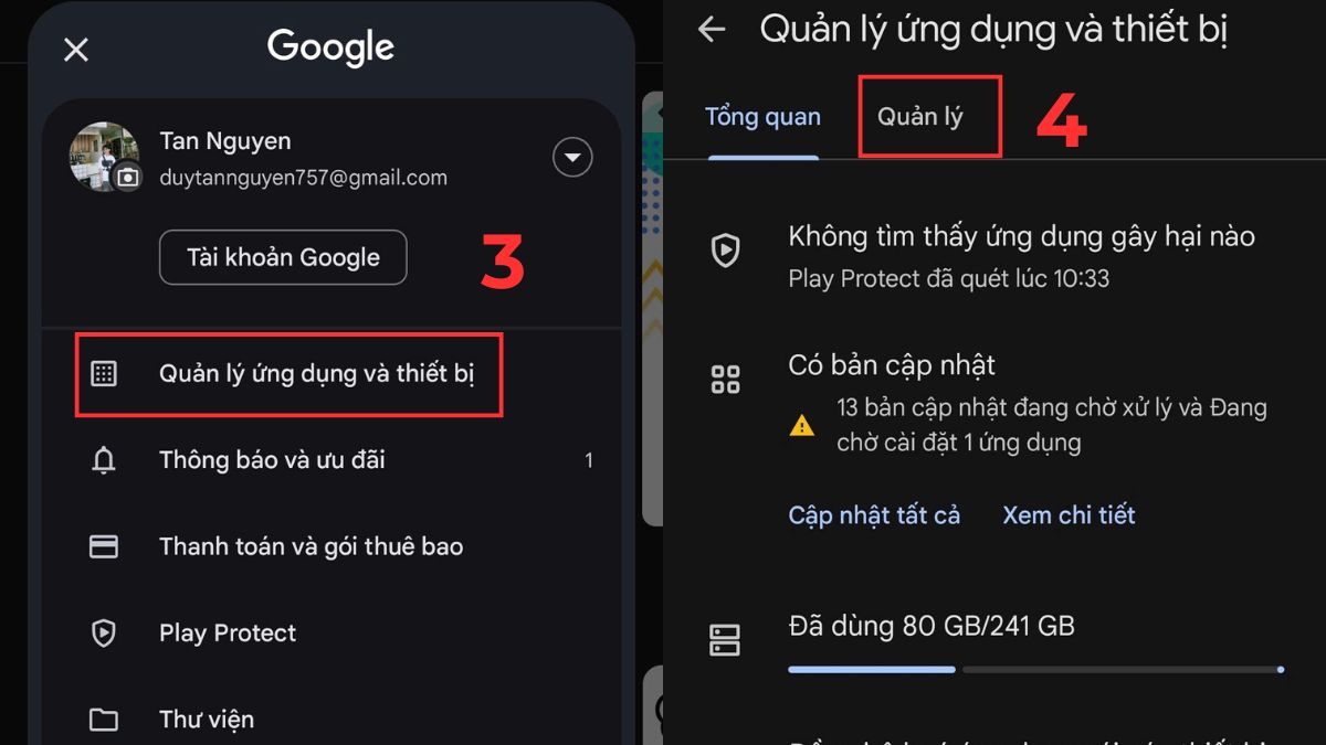 Hình ảnh minh họa cách xóa dữ liệu game trên Android thông qua Google Play Store, tập trung vào tùy chọn 'Quản lý ứng dụng và thiết bị'