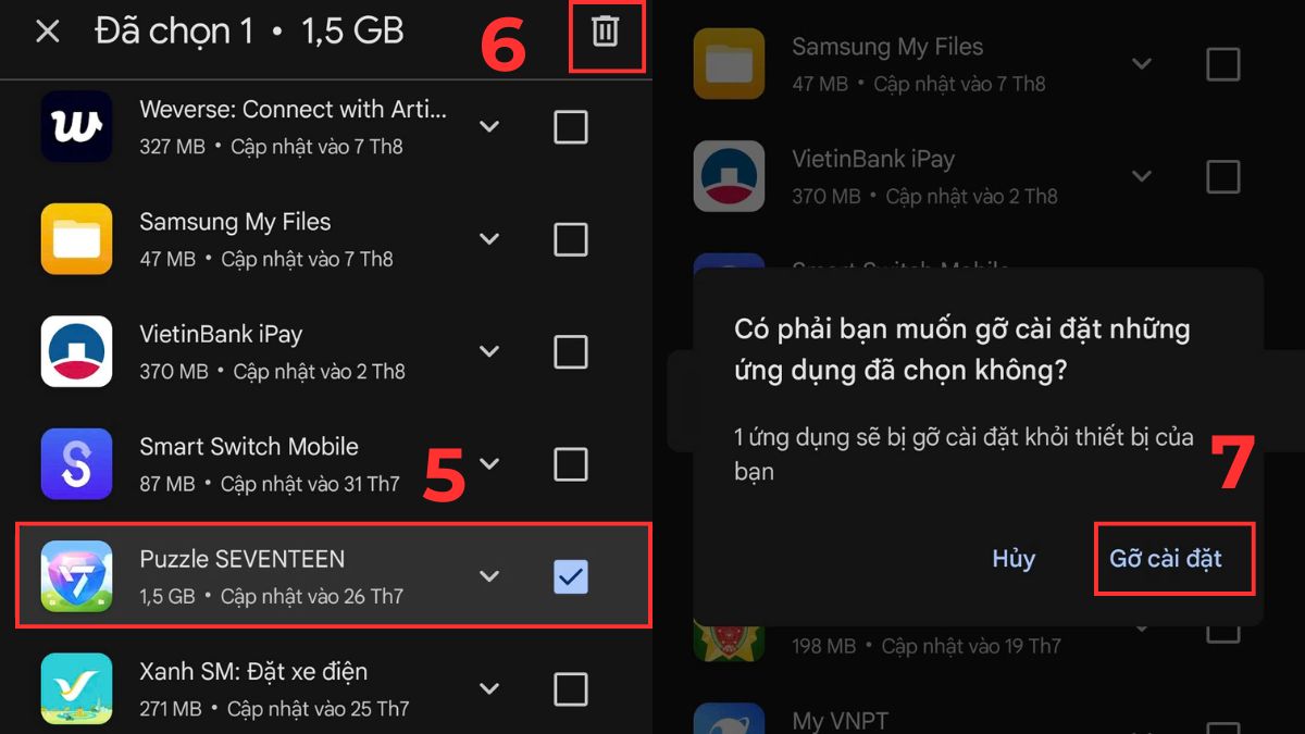 Hướng dẫn cách xóa dữ liệu game trên Android để chơi lại từ đầu, hiển thị màn hình 'Quản lý ứng dụng và thiết bị' với danh sách các ứng dụng đã cài.