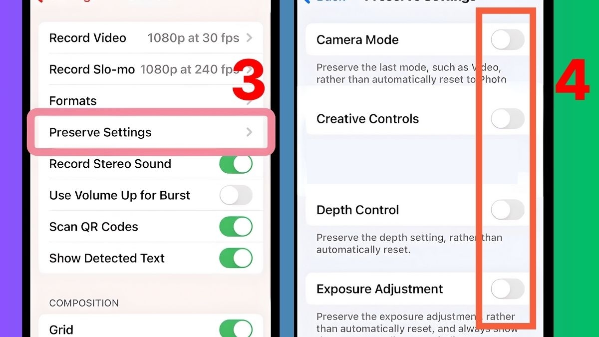 Bước 3: Màn hình Bảo lưu cài đặt, tùy chỉnh để sửa lỗi iPhone 15 Pro Max chụp ảnh bị mờ.