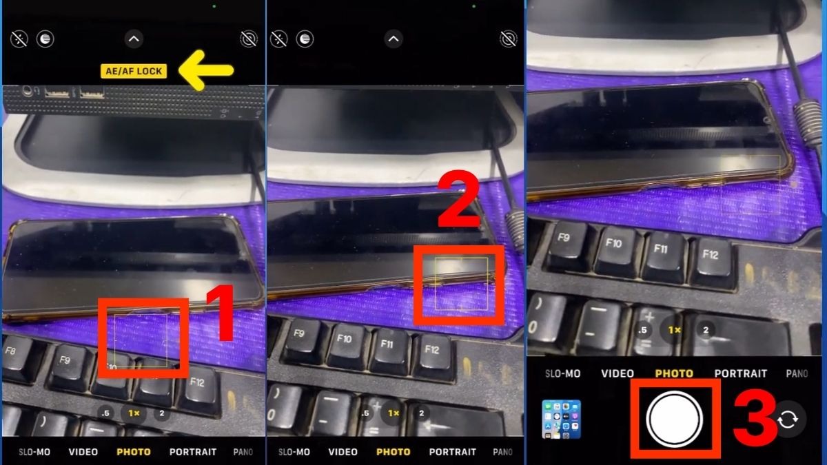 Thao tác chạm và giữ để Tắt khóa AE/AF trên màn hình camera, giải pháp cho lỗi camera iPhone 15 Pro Max bị mờ.