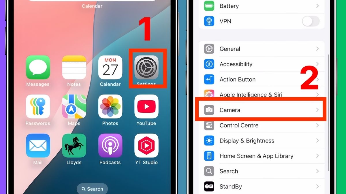 Bước 1: Màn hình Cài đặt chọn mục Camera, chuẩn bị tắt chế độ Macro.