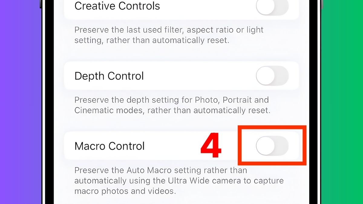 Bước 3: Tắt Macro Control trong cài đặt, khắc phục camera iPhone 15 Pro Max chụp gần bị mờ.