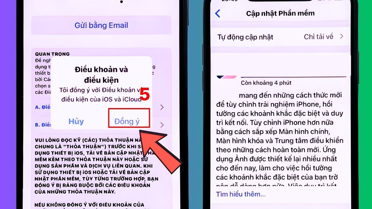 Bước 3: Màn hình Đồng ý điều khoản iOS, hoàn tất cập nhật để khắc phục lỗi camera iPhone 15 Pro Max bị mờ.