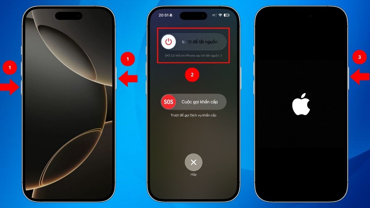 Hướng dẫn khởi động lại iPhone X trở lên để khắc phục camera iPhone bị mờ do lỗi phần mềm.