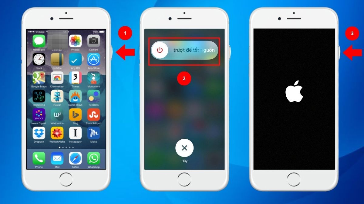 Khởi động lại iPhone có nút Home để sửa lỗi camera iPhone bị mờ tạm thời.