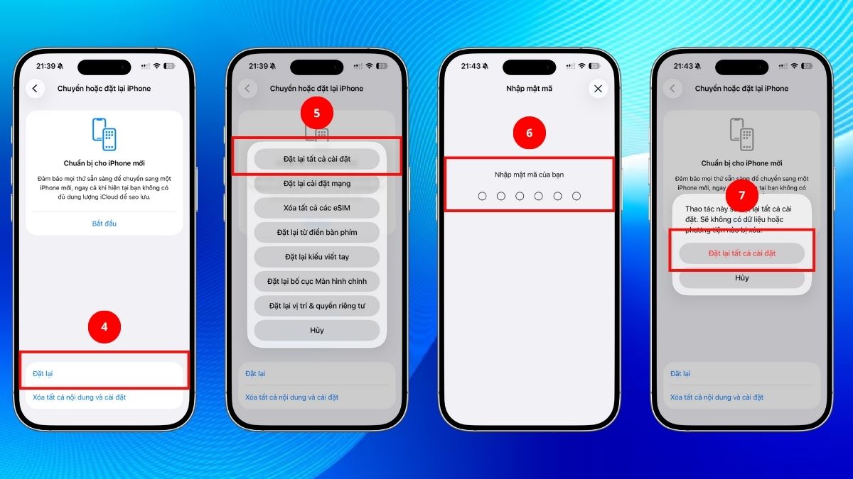 Các bước đặt lại tất cả cài đặt giúp khắc phục camera iPhone bị mờ do xung đột.
