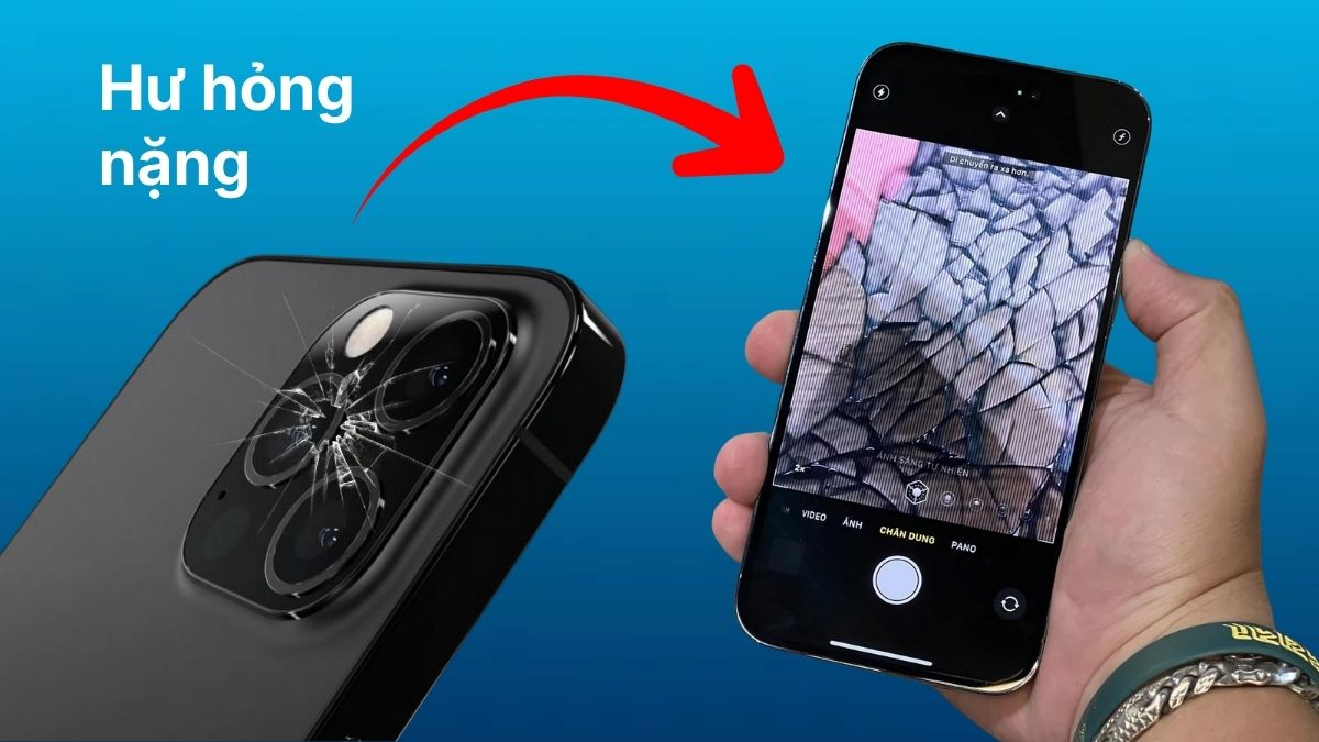 Kính camera bị vỡ, hư hỏng nặng, cần mang máy đi sửa chữa để khắc phục lỗi camera iPhone bị đốm mờ.
